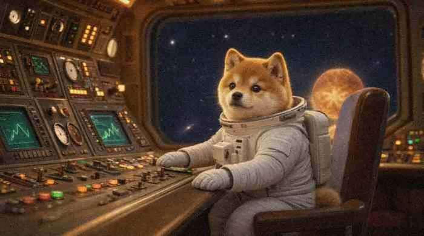 The puppy at a retro mission control desk