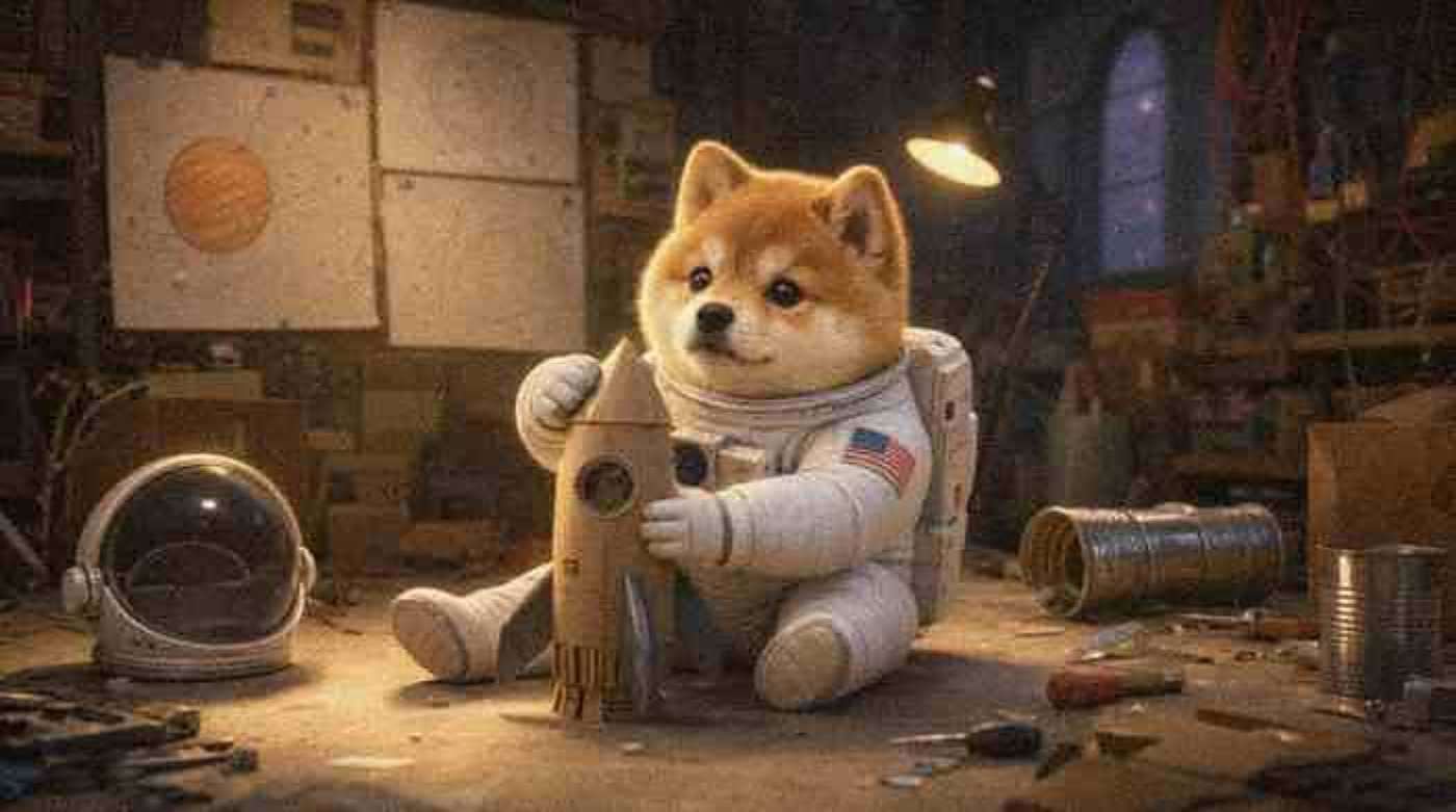 The puppy in an oversized spacesuit building a cardboard rocket in a garage