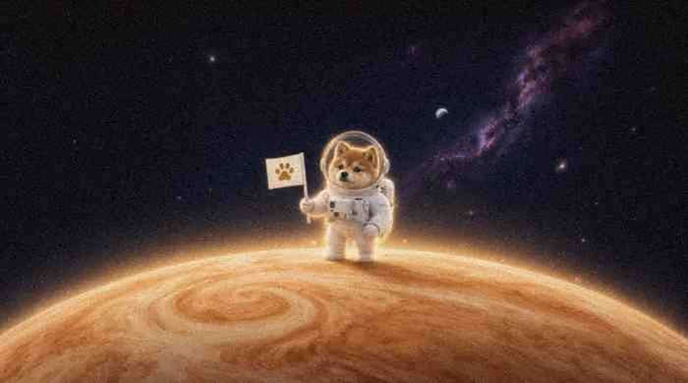 The puppy planting a paw-print flag on the giant orange planet